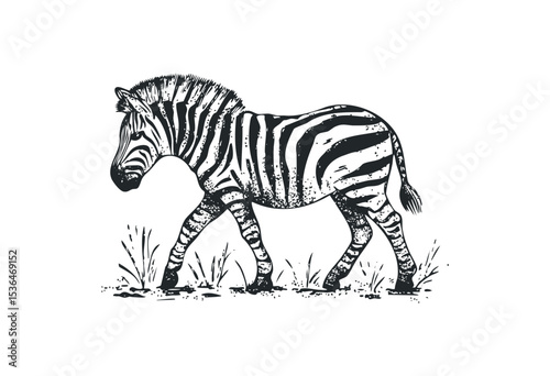 Monochrome illustration of a zebra walking among grass. Vector retro hand drawn illustration