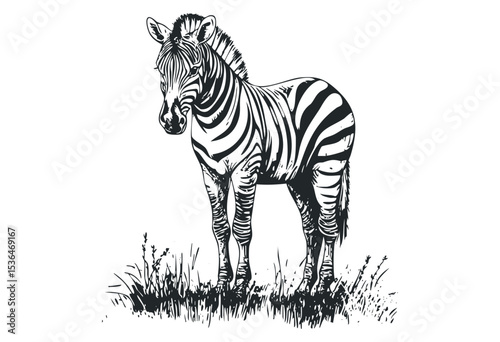 Detailed zebra illustration standing on grass with distinctive stripes. Vector retro hand drawn illustration