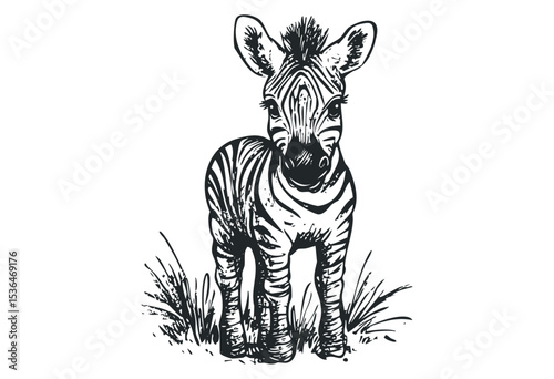 Sketch of a zebra foal in natural habitat. Vector retro hand drawn illustration