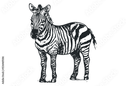 Detailed black and white zebra illustration with striking stripes. Vector retro hand drawn illustration