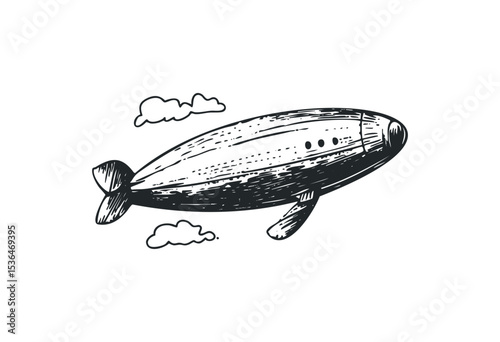 Vintage zephyr blimp illustration in monochrome with clouds. Vector retro hand drawn illustration