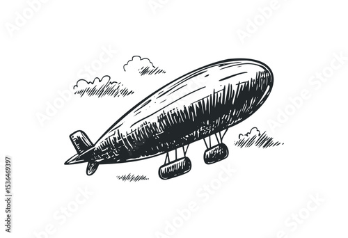 Hand-drawn vintage airship sketch with clouds in the sky. Vector retro hand drawn illustration