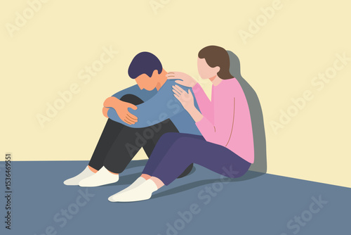 friend comfort sad friend. mental support sympathy concept. mother father -son family. minimal vector illustration	