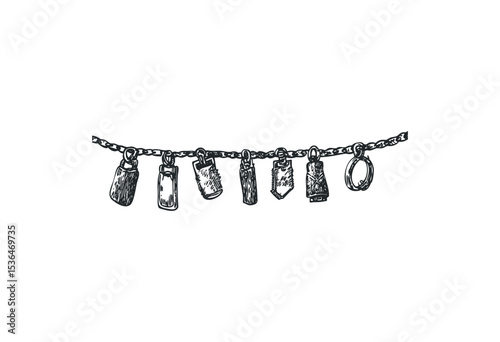 Detailed monochrome chain with assorted charms and pendants. Vector retro hand drawn illustration