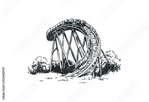 Vintage roller coaster sketch with loop and wooden structure. Vector retro hand drawn illustration