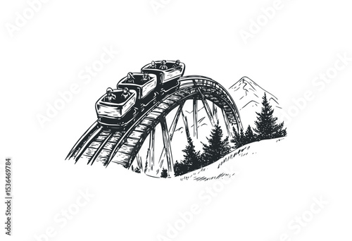 Vintage roller coaster sketch in mountainous landscape. Vector retro hand drawn illustration