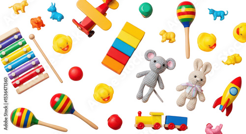 Colorful childrens toys overhead view
