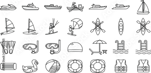 Water recreation, sport and other activities icon set with adjustable line weight for depicting various lake, sea, ocean, river, pool activities.