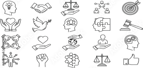 Core Values Vector Icon Set Adjustable Line Weight Integrity, empathy, respect, unity, justice, leadership, kindness, equality, support, teamwork, goal, growth, mindset, ethics icons
