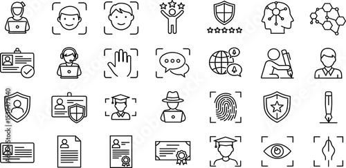 Digital Identity Vector Icon Set Adjustable Line Weight Authentication, biometric, fingerprint, face recognition, cybersecurity, privacy, verification, ID card, access, user security