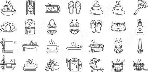 Spa Vector Icon Set Adjustable Line Weight Wellness, sauna, massage, hot tub, aromatherapy, steam, towel, robe, relaxation, flip flops, beauty, zen, bath, swim