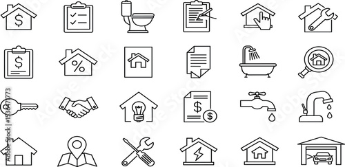 Real Estate Vector Icon Set Adjustable Line Weight Property, home, rent, sale, mortgage, contract, plumbing, inspection, repair, garage, location, key, bill icons