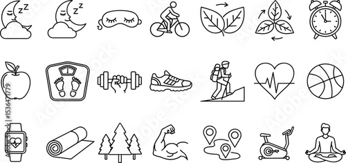 Healthy Lifestyle Vector Icon Set Adjustable Line Weight Fitness, nutrition, exercise, wellness, sleep, yoga, meditation, heart rate, gym, hiking, cycling, sports, health monitoring icons
