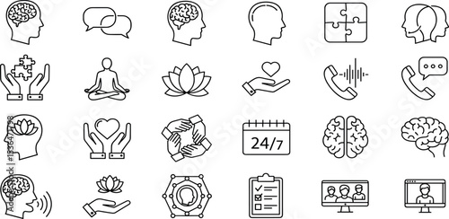  Mental Health & Therapy Vector Icon Set Adjustable Line Weight Brain, speech bubble, puzzle, conversation, meditation, lotus, support, call, empathy, 247, cloud thinking, checklist icons.