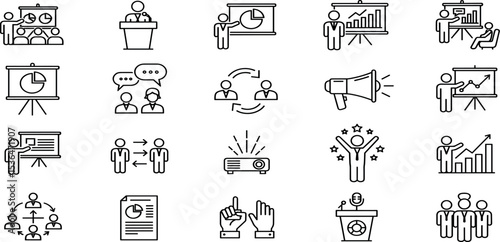 Conference Vector Icon Set Adjustable Line Weight Speaker, podium, audience, chart, presentation, mic, discussion, seminar, networking, success, projector, meeting, talk, panel icons.
