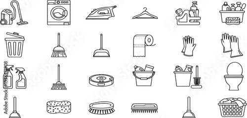 Cleaning Icons Vector Set Vacuum, Laundry, Iron, Cleaning Supplies, Mop, Gloves, Sponge - Perfect for Housekeeping and Home Maintenance Graphics.