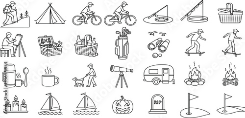 Autumn recreation and other activities icon set with adjustable line weight. Outline style icons depicting fall activities such as hiking, camping, fishing, mushroom picking birdwatching and other