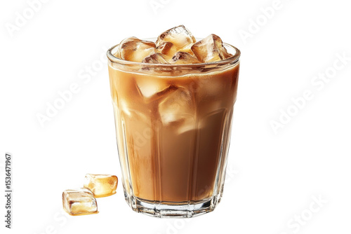 A refreshing iced coffee melting ice cubes promising relief from the summer heat on a black isolated on transparent background. Generative Ai.
