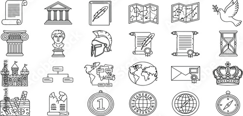 History Vector Icon Set Adjustable Line Weight Museum, scroll, ancient, archaeology, timeline, empire, monument, artifact, heritage, civilization, medieval, exploration, historical culture icons.