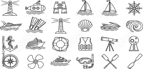  Sea Adventure Vector Icon Set Adjustable Line Weight Boat, anchor, lighthouse, diving, submarine, sailing, compass, marine, flippers, cruise, ocean, travel, exploration icons