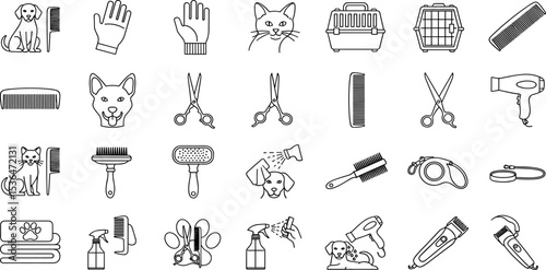 Pet Grooming Vector Icon Set Adjustable Line Weight Grooming, dog, cat, scissors, brush, comb, dryer, care, cleaning, hygiene, clippers, tools, fur, salon icons