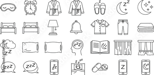 Sleep Vector Icon Set Adjustable Line Weight Bedtime, pillow, pajamas, alarm, night, dreams, sleep mask, relaxation, insomnia, bedroom, comfortable, rest, bedtime routine icons