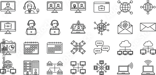  Remote Work Vector Icon Set Adjustable Line Weight Telecommuting, webinar, virtual meeting, online collaboration, networking, productivity, video conference, cloud storage, digital workspace icons.