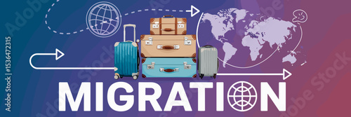 Journey-themed design of migration text with suitcases, arrows, and world map – Great for travel, immigration, and global movement topics.