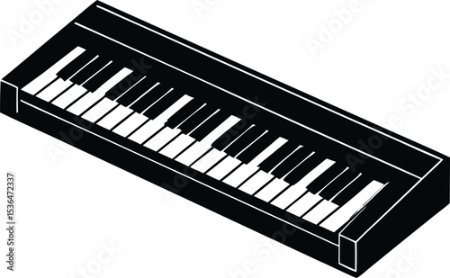 Isometric Keyboard Instrument with Black Silhouette and White Keys for Music Production