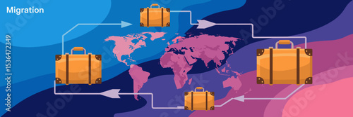 Migration text with scattered suitcases, arrows, and world maps – Ideal for migration, travel, and cultural exchange content.