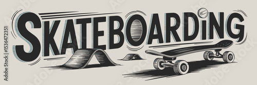 Vintage skateboarding text with skateboard, wheels, ramps, and motion streaks – Suitable for extreme sports branding, skate culture, or retro designs