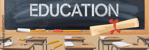 Chalkboard with education text and broken pencils on classroom floor – Ideal for school inequality awareness, education themes, or classroom settings