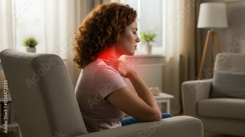  Woman with neck pain holding back of neck in discomfort while seated in bedroom