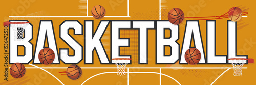 Bright orange basketball text graphic with hoops, balls, nets, and court lines – Ideal for basketball events, sports branding, or athletic promotions