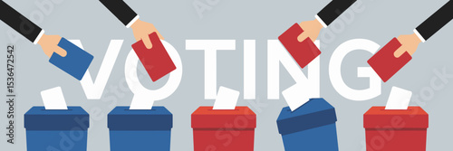 vector design of voting text with hands holding red and blue ballots and matching ballot boxes on gray background – useful for political campaigns, voting rights, or government services
