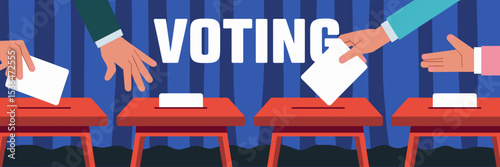 vector illustration of voting station with ballot boxes hands holding ballots and voting text on blue curtain – ideal for polling place visuals, election guides, or voting rights materials