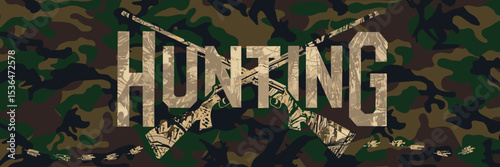Textured hunting typography with crossed rifles, animal tracks, and camouflage – Great for outdoor gear branding, hunting clubs, or wilderness content