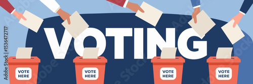 vector voting illustration with hands raising ballots and ballot boxes with vote here sign on light blue gradient – good for voter turnout promotion, election day coverage, or civic engagement