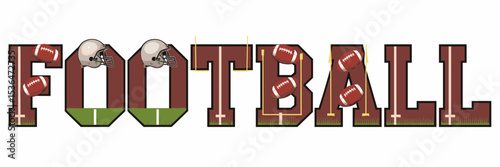Vector text football with integrated helmets, balls, goalposts, and yard lines on white background – Suitable for sports branding, football events, or athletic promotions