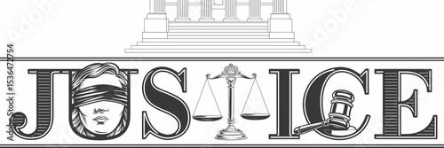 Vector illustration of justice text with blindfolded face, balance scales, gavel below, and courthouse above – Ideal for law, legal concepts, and justice system content
