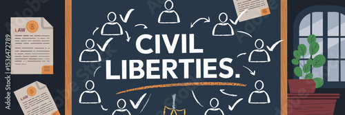 Chalkboard illustration of civil liberties with human icons and documents – Suitable for education, law, and rights advocacy materials.