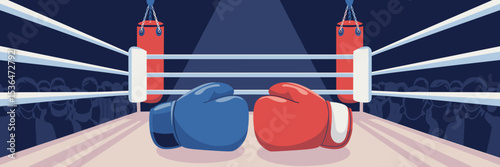 Boxing ring illustration with boxing gloves, punching bags, and crowd – Perfect for boxing events, fitness promotions, or sports training