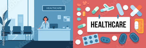 healthcare access and denial comparison with doctor's office waiting room pills bandages and cityscape background – perfect for healthcare inequality, patient rights, or medical policy topics