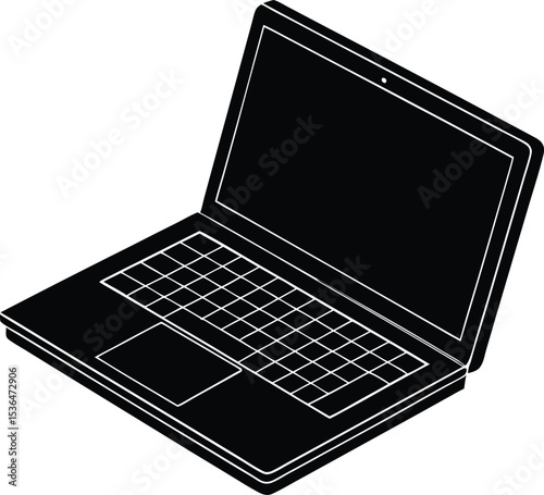 Isometric black laptop with screen Silhouette and keyboard for work or school
