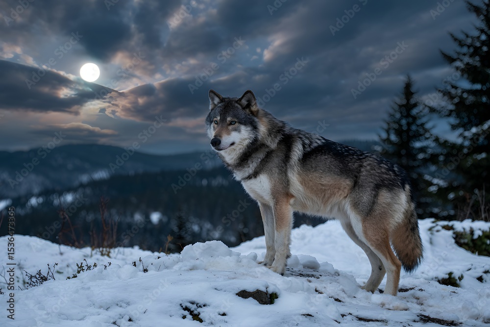 Fototapeta premium Majestic gray wolf in snowy mountains under full moon