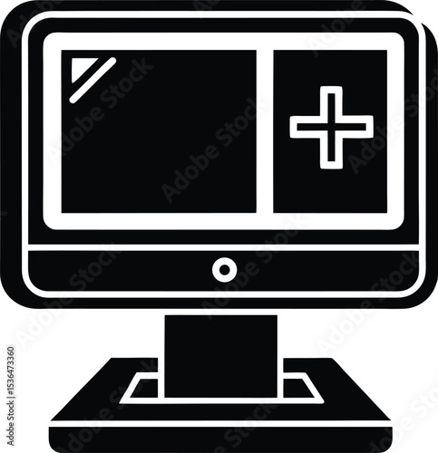 Isolated black and white monitor with plus sign, Silhouette  design for medical related