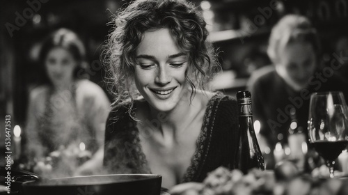 Monochrome portrait of a young woman enjoying a candlelit dinner with friends