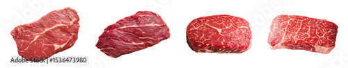 Assorted high-quality cuts of raw beef on a white background for culinary use., transparent background