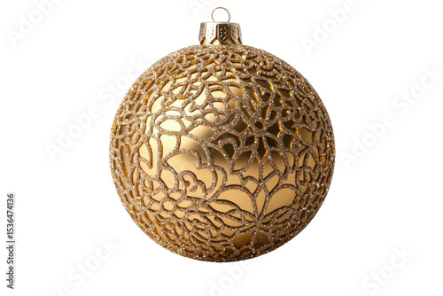 Elegant golden Christmas ornament with intricate floral design for festive decoration., transparent background