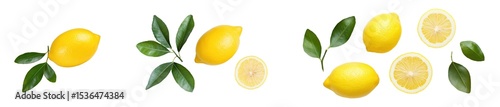 Fresh lemons with leaves, showcasing their bright yellow color and vibrant freshness., transparent background